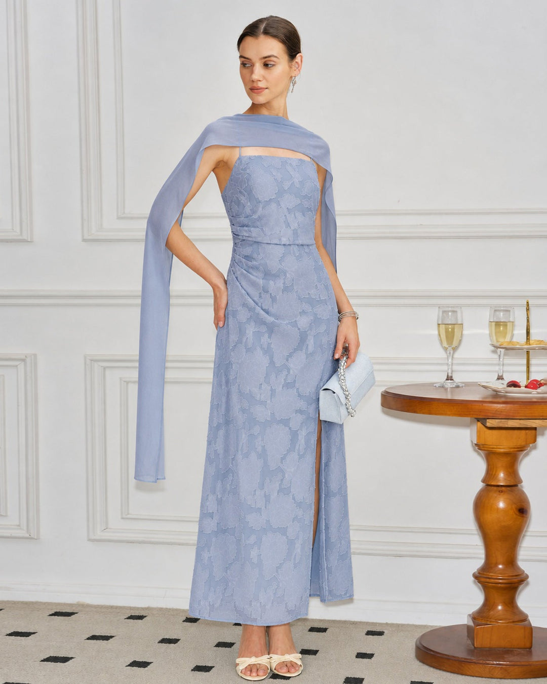 Vestido Maxi Jacquard de Cuello Cuadrado Azul