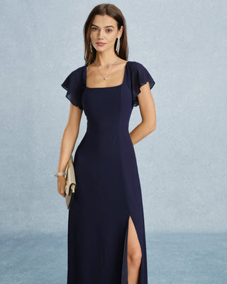 Vestido Maxi de Chiffón con Escote Cuadrado y Abertura en Color Marino