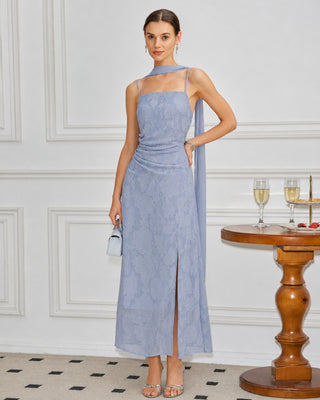 Vestido Maxi Jacquard de Cuello Cuadrado Azul