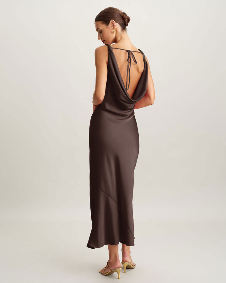 Vestido Maxi de Satén con Cuello de Cowl