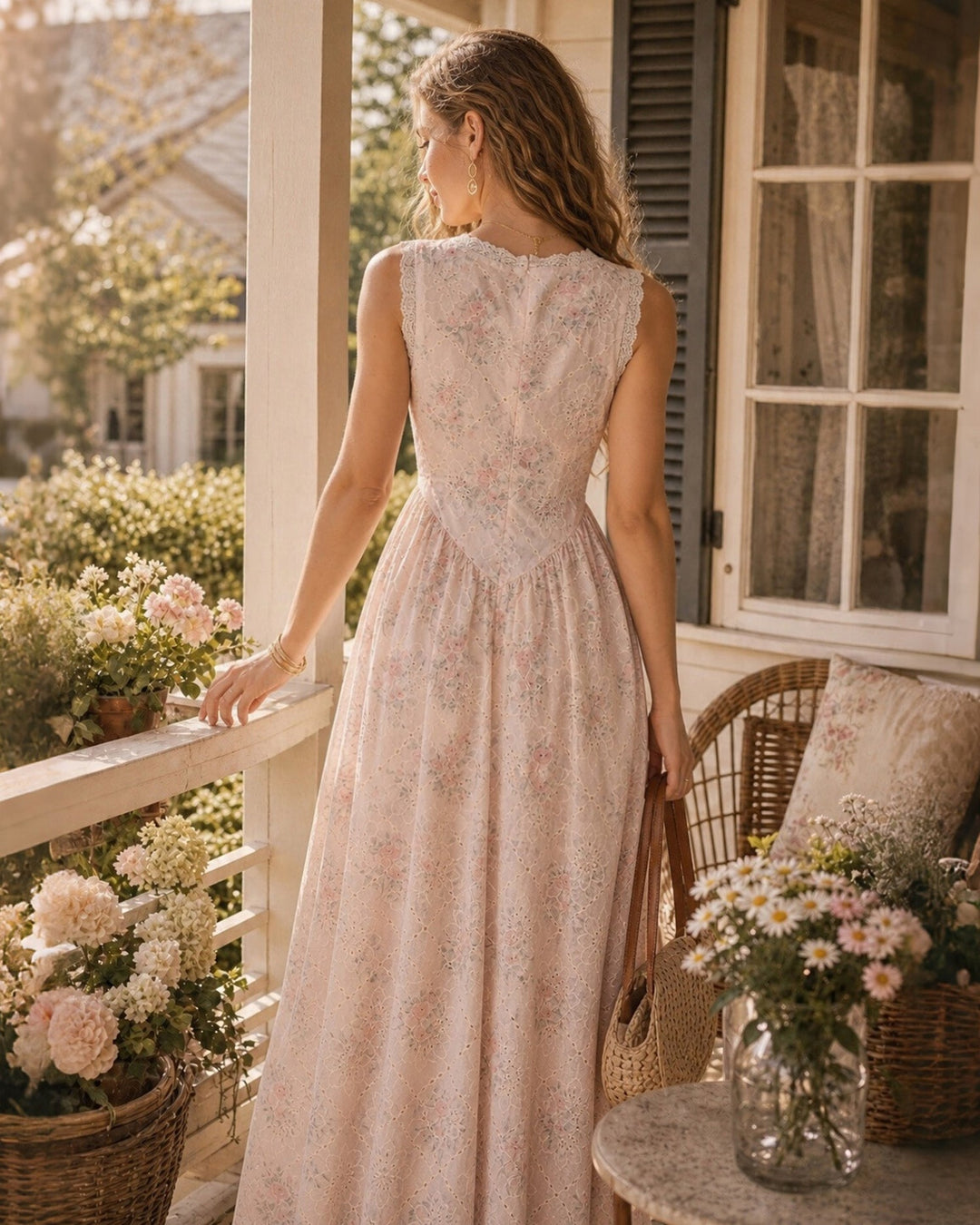 Vestido Maxi Floral de Encaje Sin Mangas con Escote en V Rosa