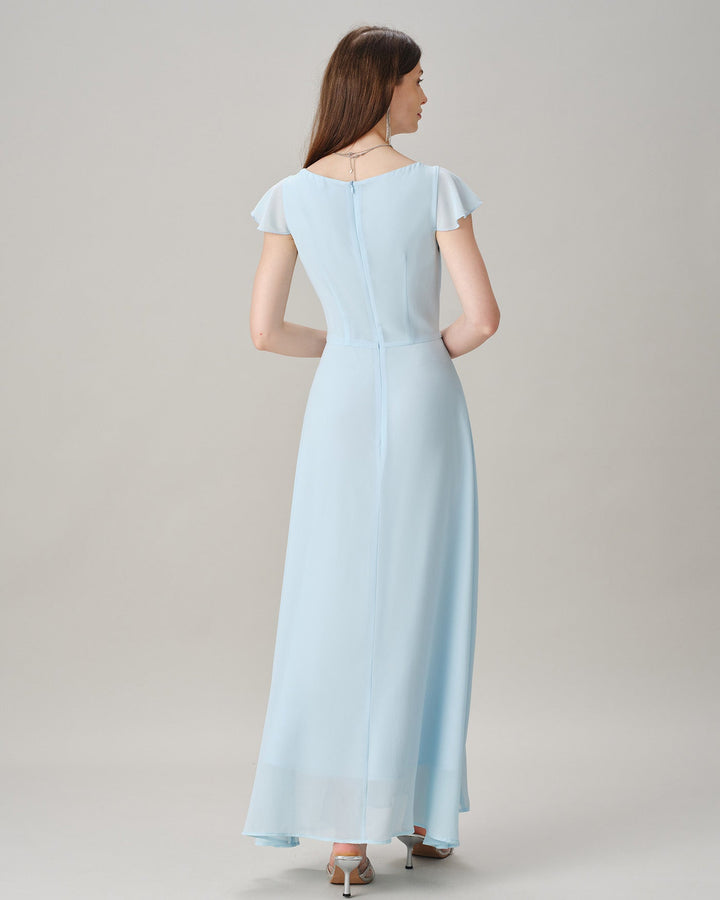 Vestido Maxi de Chifón con Escote Barco y Abertura Azul