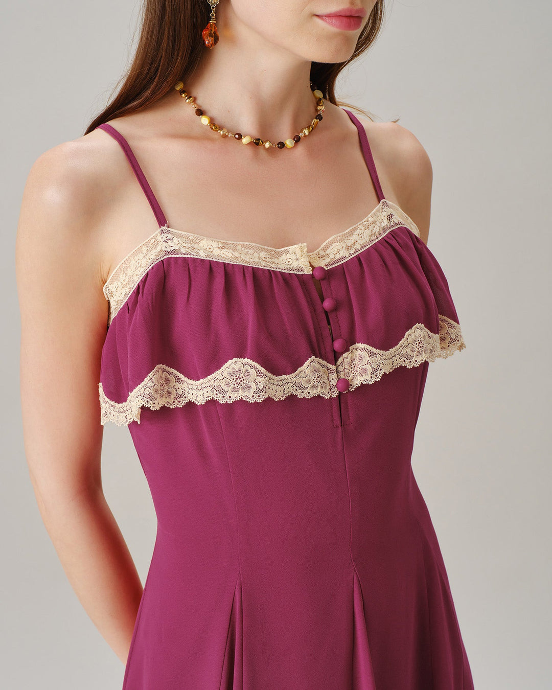 Vestido Maxi de Chiffón con Botones de Encaje Rosa