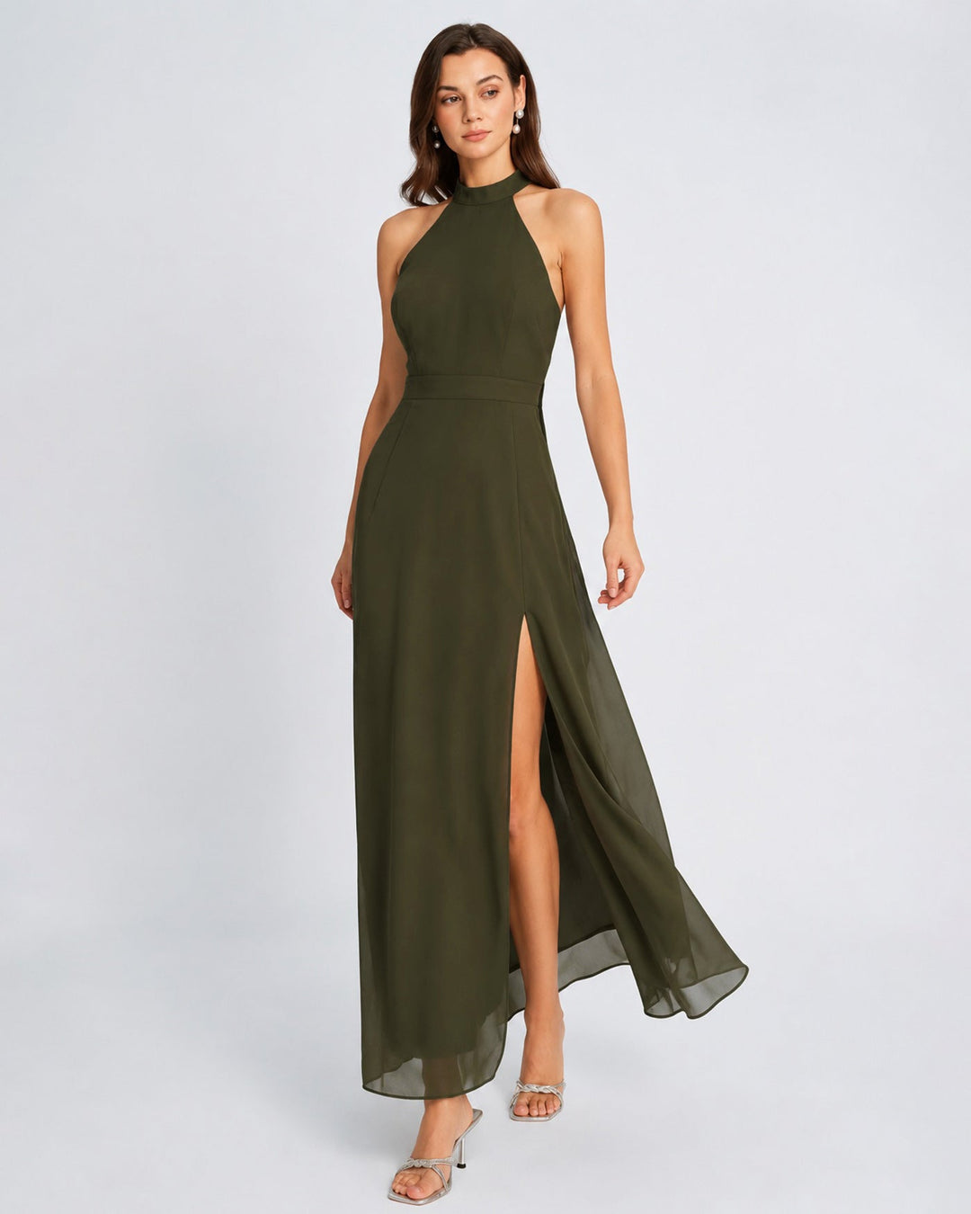 Vestido Maxi de Chiffon Verde con Cuello Mock y Abertura