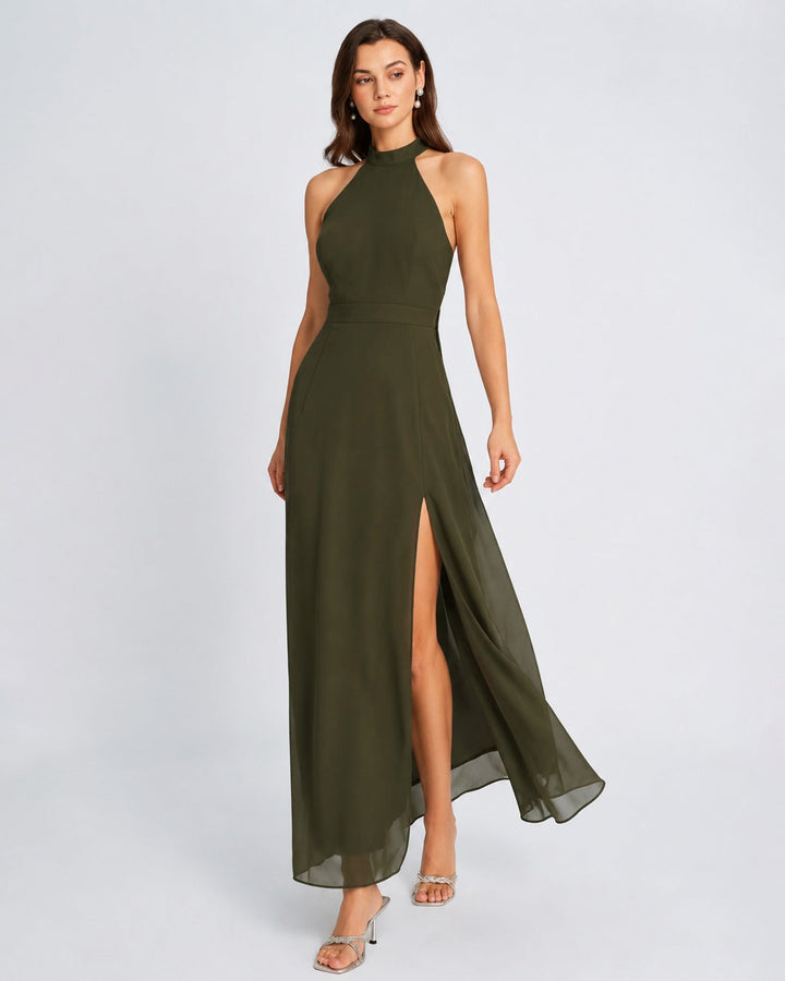 Vestido Maxi de Chiffon Verde con Cuello Mock y Abertura