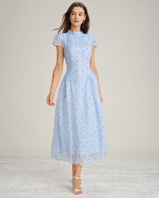 Vestido Maxi de Chifón Floral con Cuello Mock Azul
