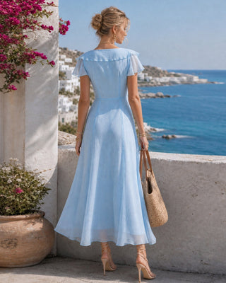 Vestido Maxi de Chiffón con Volantes y Escote en V Azul