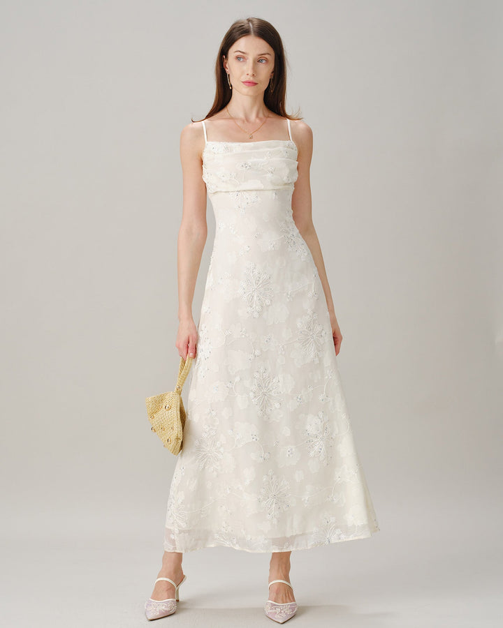 Vestido Maxi de Jacquard con Cuello Cuadrado y Lentejuelas en Color Albaricoque