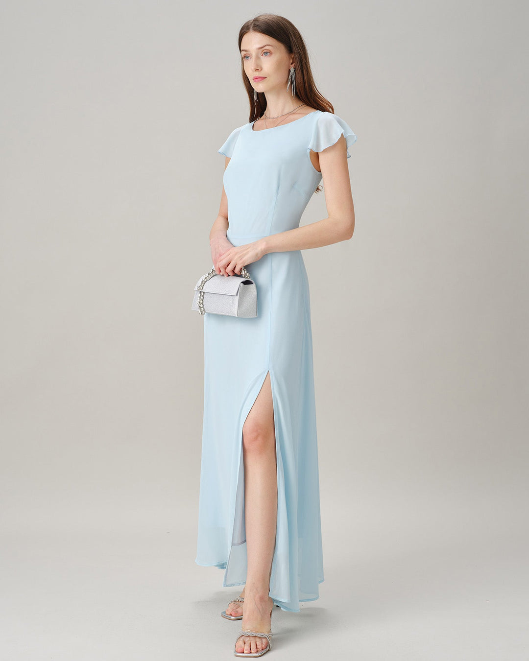 Vestido Maxi de Chifón con Escote Barco y Abertura Azul