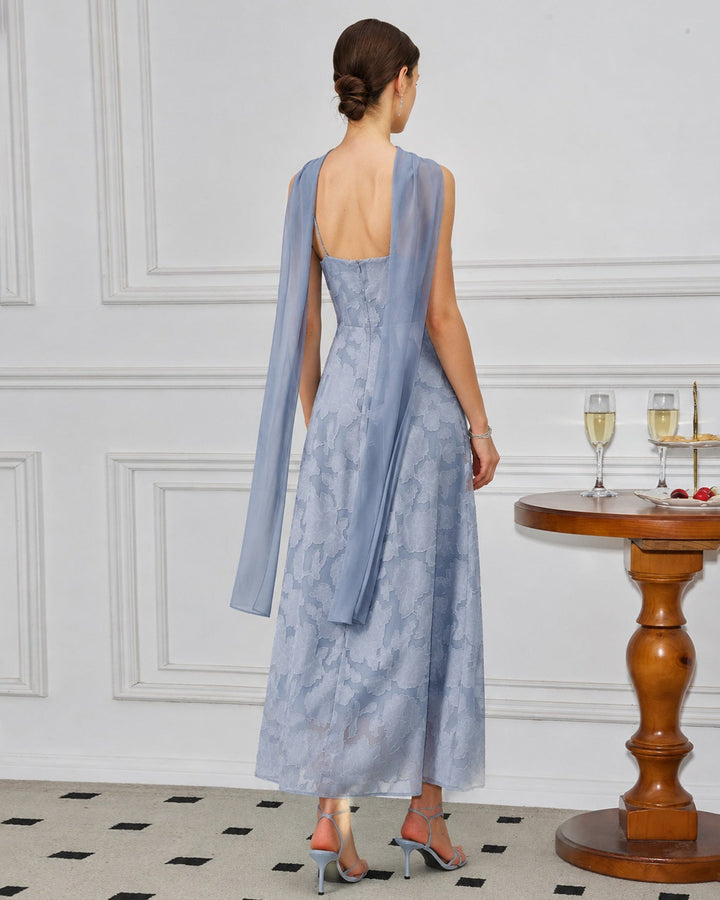 Vestido Maxi Jacquard de Cuello Cuadrado Azul