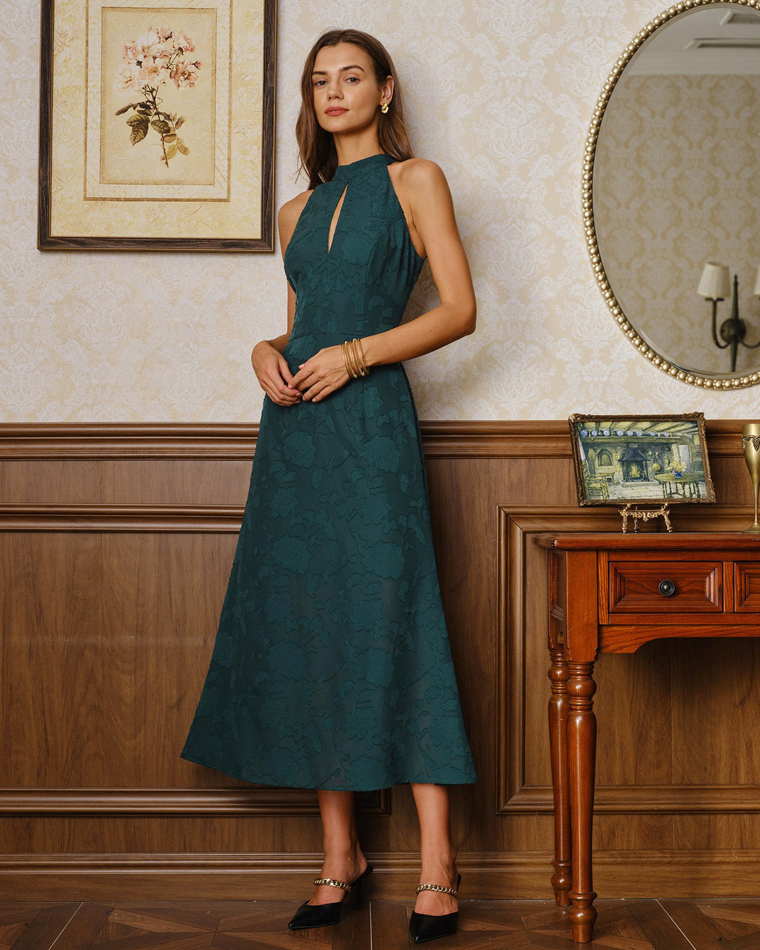 Vestido Maxi Sin Mangas de Jacquard con Cuello Mock Verde