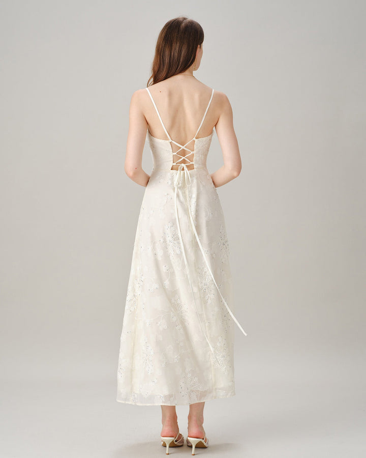 Vestido Maxi de Jacquard con Cuello Cuadrado y Lentejuelas en Color Albaricoque