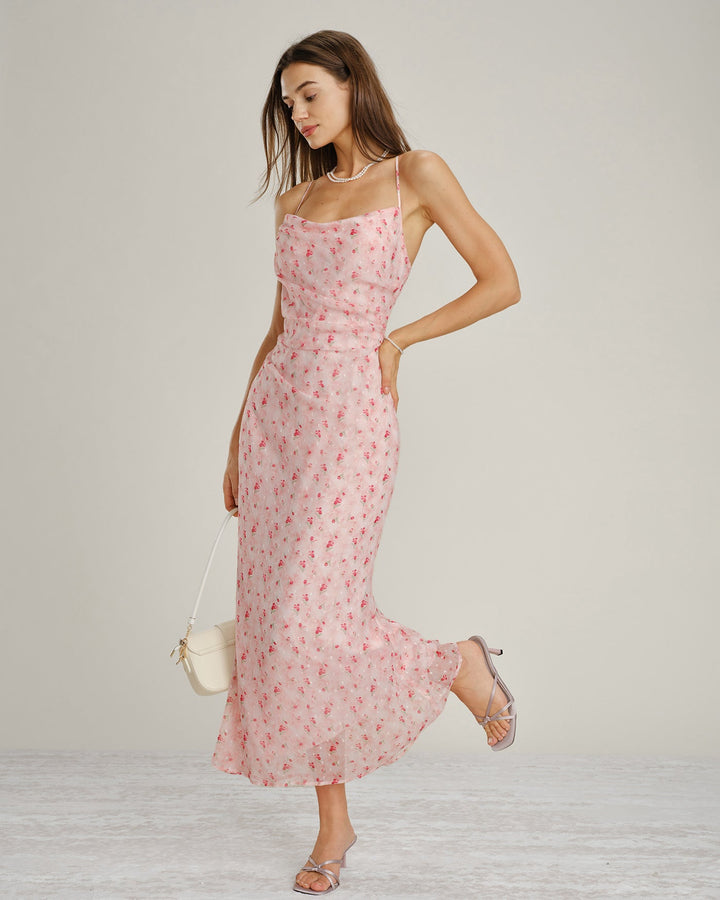 Vestido Maxi Slip Floral con Cuello de Cowl Rosa