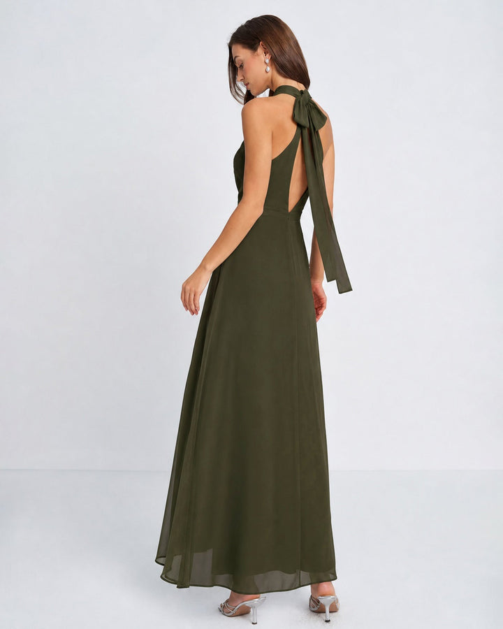 Vestido Maxi de Chiffon Verde con Cuello Mock y Abertura