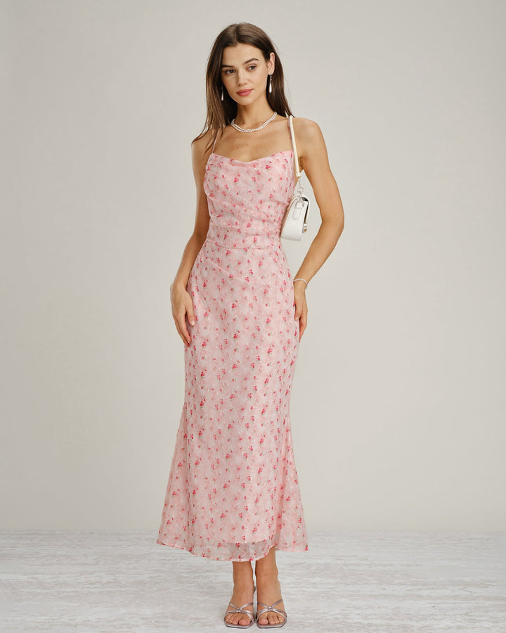 Vestido Maxi Slip Floral con Cuello de Cowl Rosa