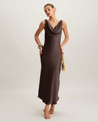 Vestido Maxi de Satén con Cuello de Cowl