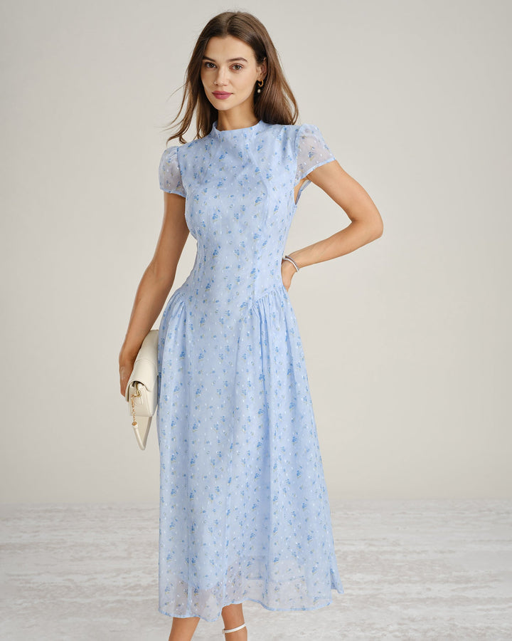 Vestido Maxi de Chifón Floral con Cuello Mock Azul
