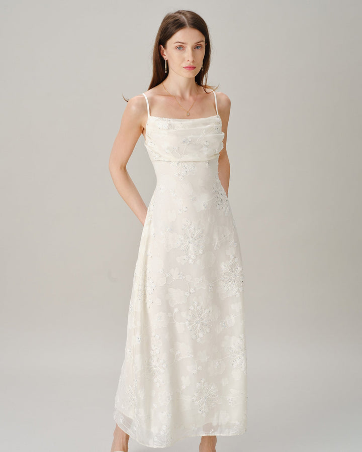 Vestido Maxi de Jacquard con Cuello Cuadrado y Lentejuelas en Color Albaricoque