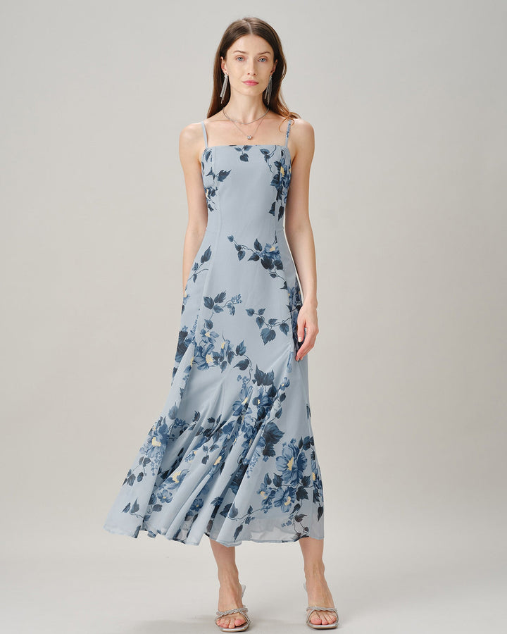 Vestido Maxi de Chiffón Floral Sin Mangas Azul