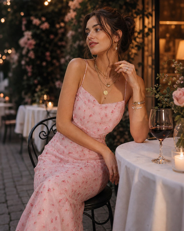 Vestido Maxi Slip Floral con Cuello de Cowl Rosa