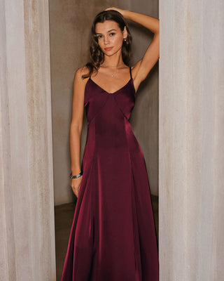 Vestido Maxi A-Line de Satén Color Rojo Vino