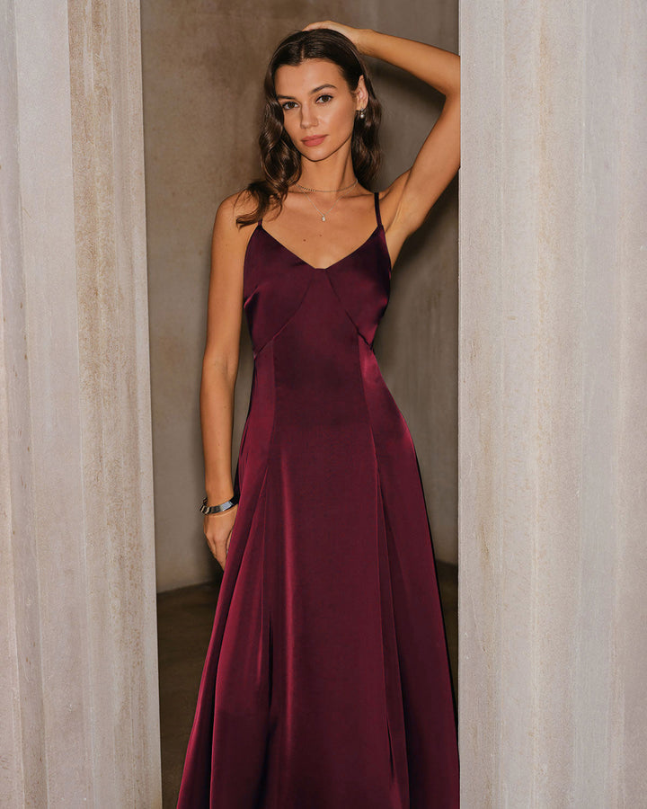 Vestido Maxi A-Line de Satén Color Rojo Vino