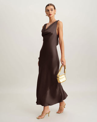 Vestido Maxi de Satén con Cuello de Cowl