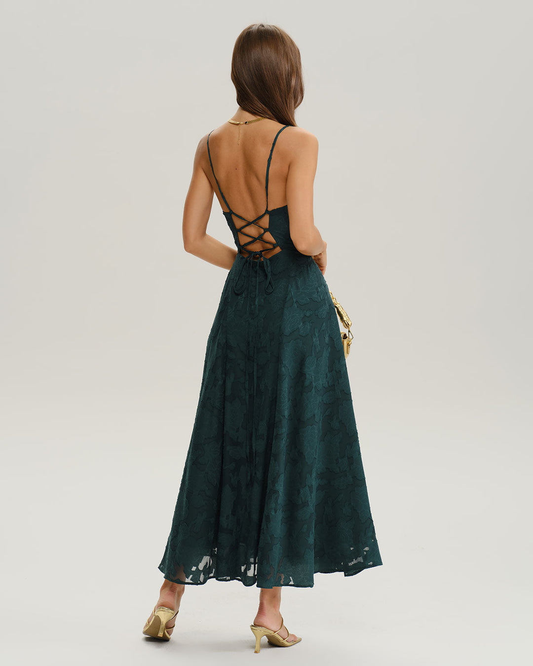 Vestido Maxi Slip A-Line de Jacquard Verde