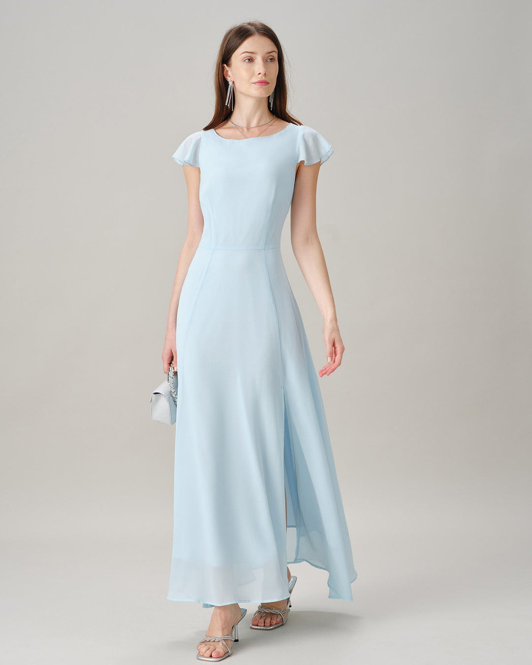 Vestido Maxi de Chifón con Escote Barco y Abertura Azul
