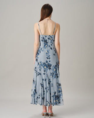 Vestido Maxi de Chiffón Floral Sin Mangas Azul