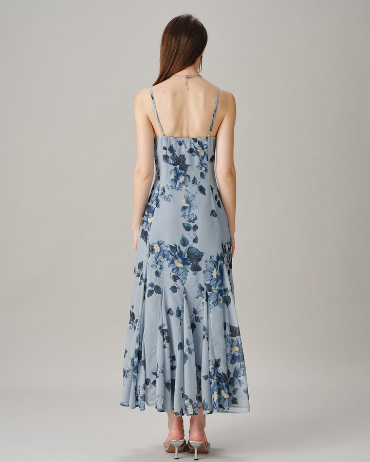 Vestido Maxi de Chiffón Floral Sin Mangas Azul