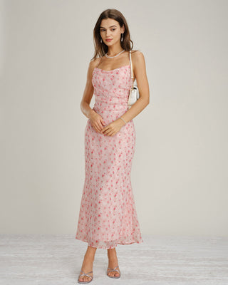 Vestido Maxi Slip Floral con Cuello de Cowl Rosa