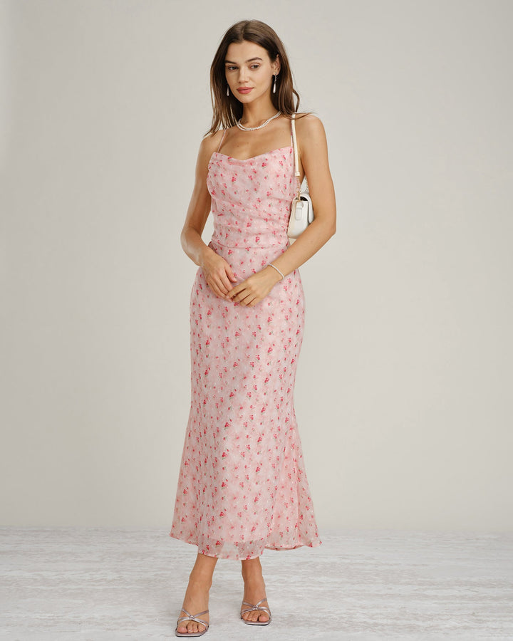 Vestido Maxi Slip Floral con Cuello de Cowl Rosa