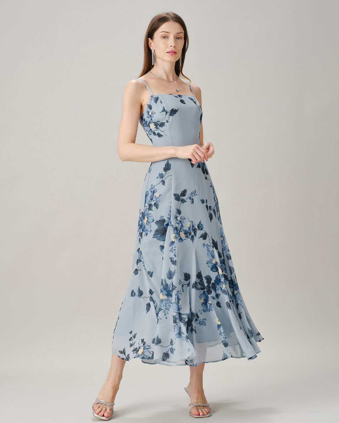 Vestido Maxi de Chiffón Floral Sin Mangas Azul