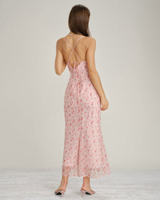 Vestido Maxi Slip Floral con Cuello de Cowl Rosa