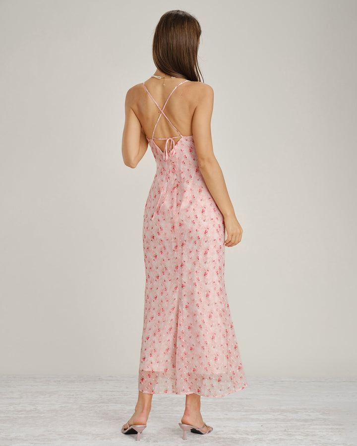 Vestido Maxi Slip Floral con Cuello de Cowl Rosa
