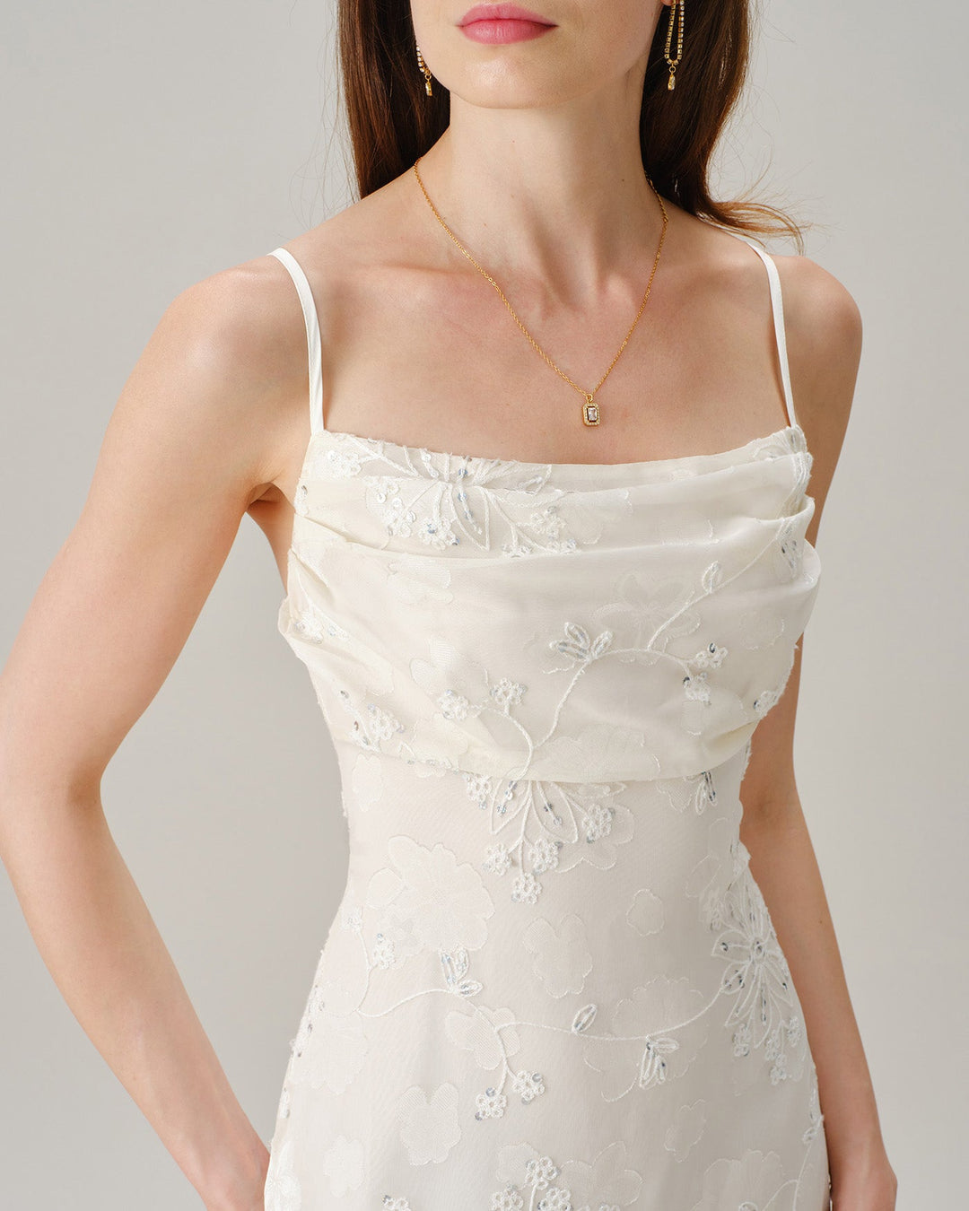 Vestido Maxi de Jacquard con Cuello Cuadrado y Lentejuelas en Color Albaricoque