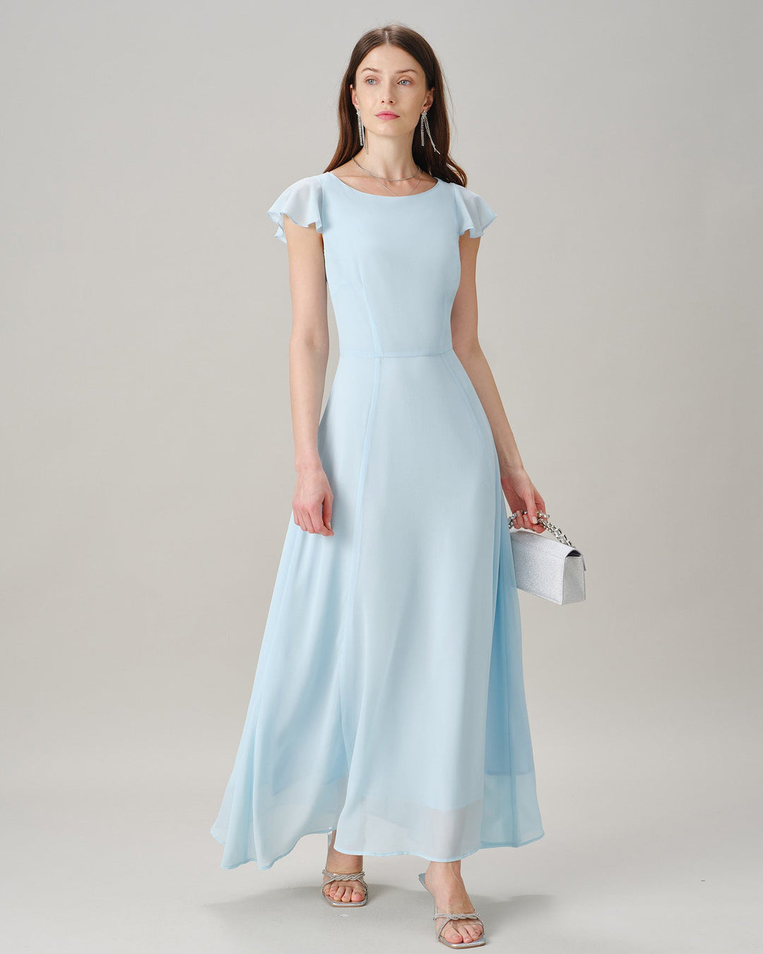 Vestido Maxi de Chifón con Escote Barco y Abertura Azul