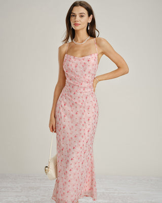 Vestido Maxi Slip Floral con Cuello de Cowl Rosa