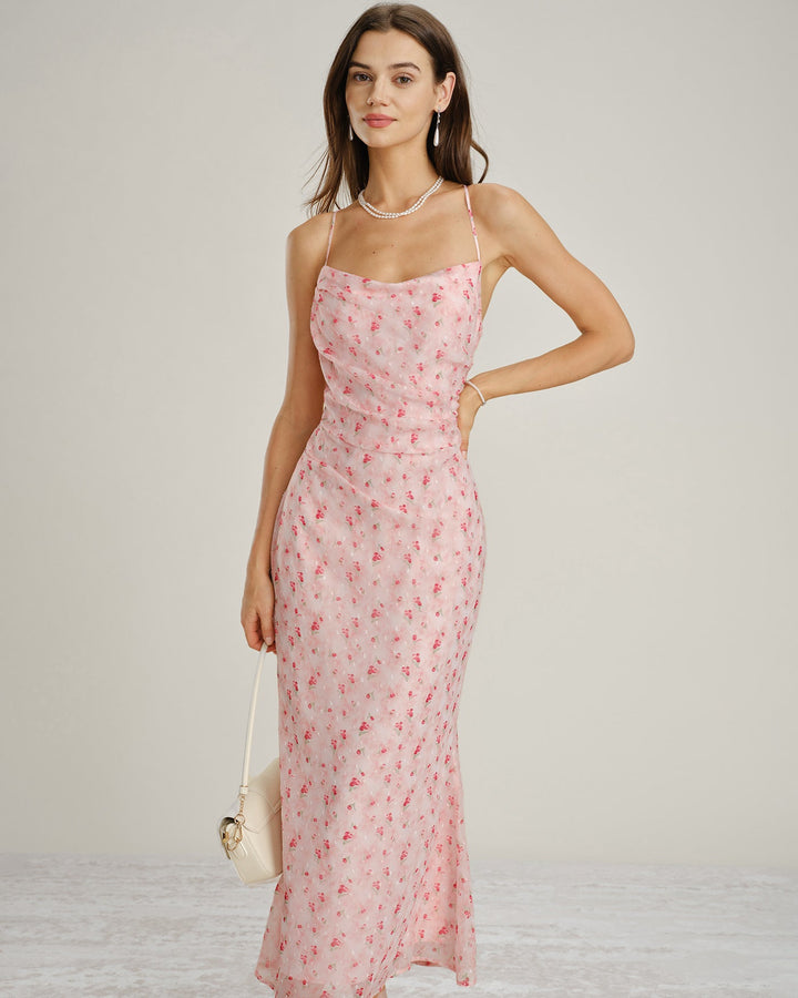 Vestido Maxi Slip Floral con Cuello de Cowl Rosa