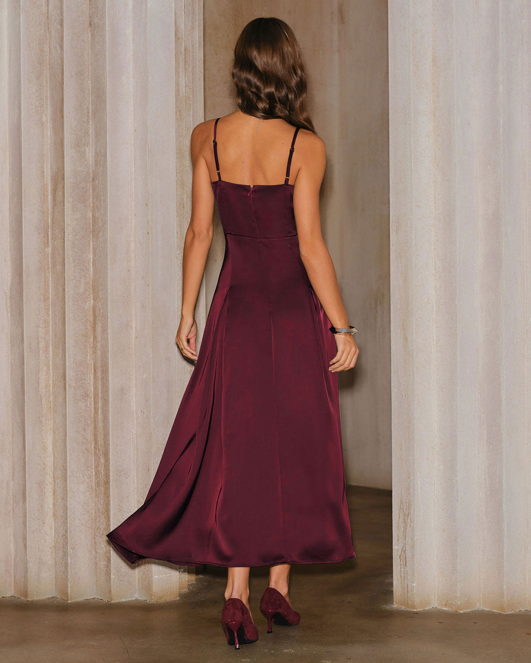 Vestido Maxi A-Line de Satén Color Rojo Vino
