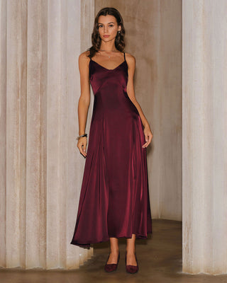 Vestido Maxi A-Line de Satén Color Rojo Vino