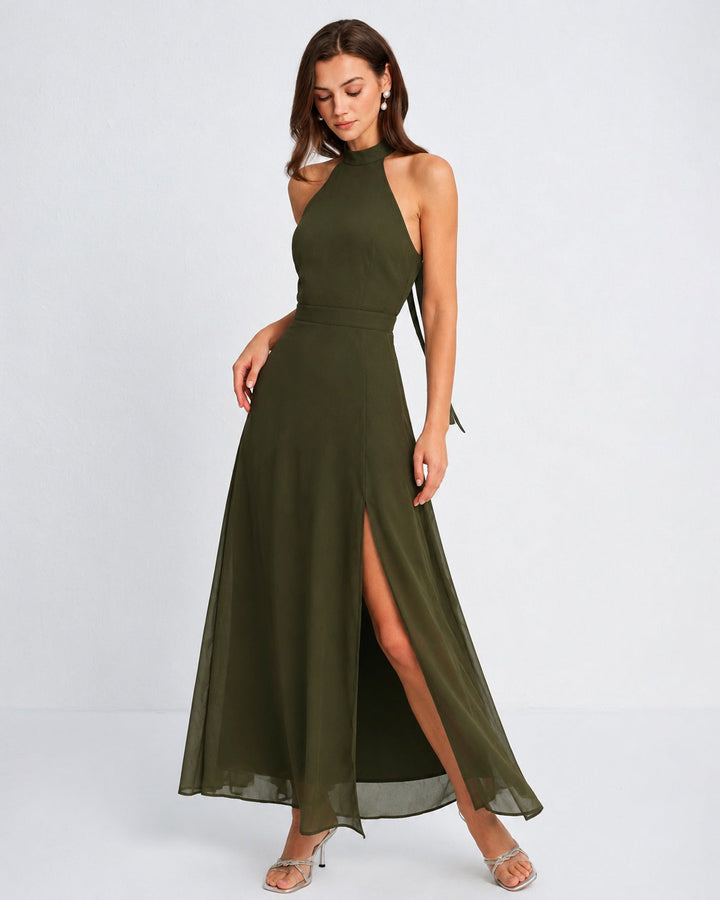Vestido Maxi de Chiffon Verde con Cuello Mock y Abertura