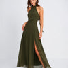 Vestido Maxi de Chiffon Verde con Cuello Mock y Abertura