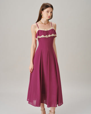 Vestido Maxi de Chiffón con Botones de Encaje Rosa