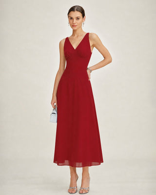 Vestido Maxi Sin Mangas de Chifón con Escote en V Rojo
