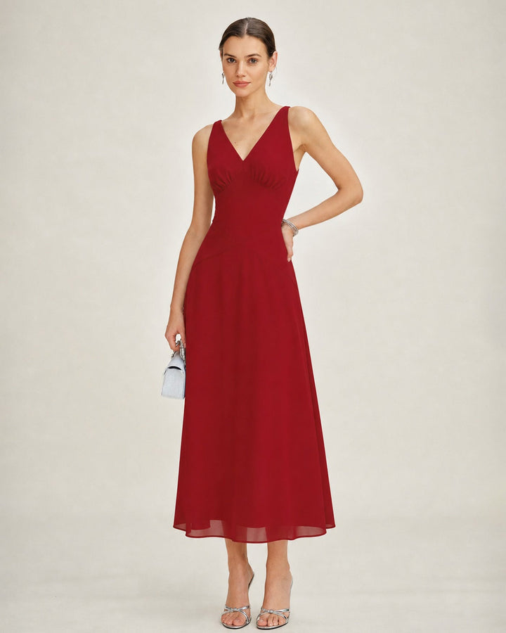 Vestido Maxi Sin Mangas de Chifón con Escote en V Rojo