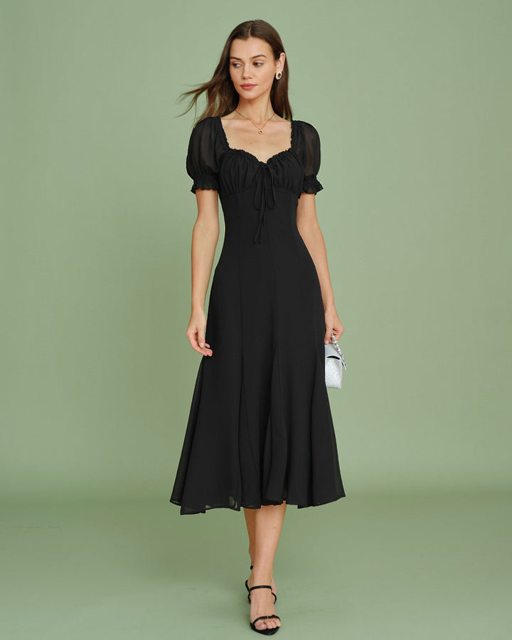 Vestido Midi de Manga Abullonada con Escote en V Negro