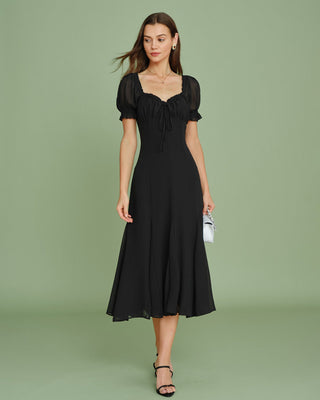 Vestido Midi de Manga Abullonada y Cuello en V Negro