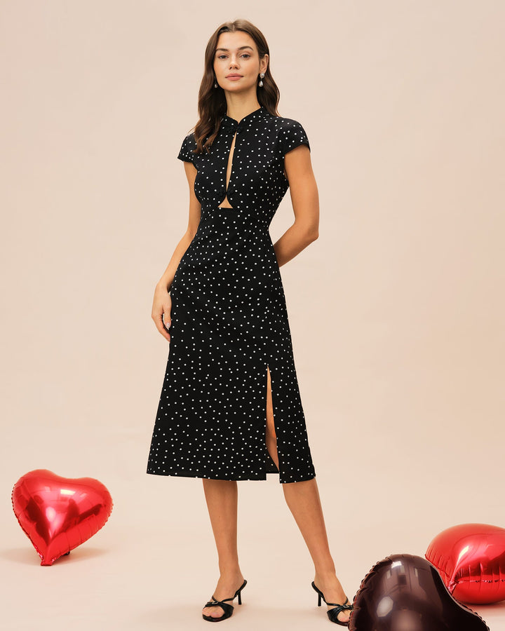Vestido Midi de Lunares con Cuello Mandarin